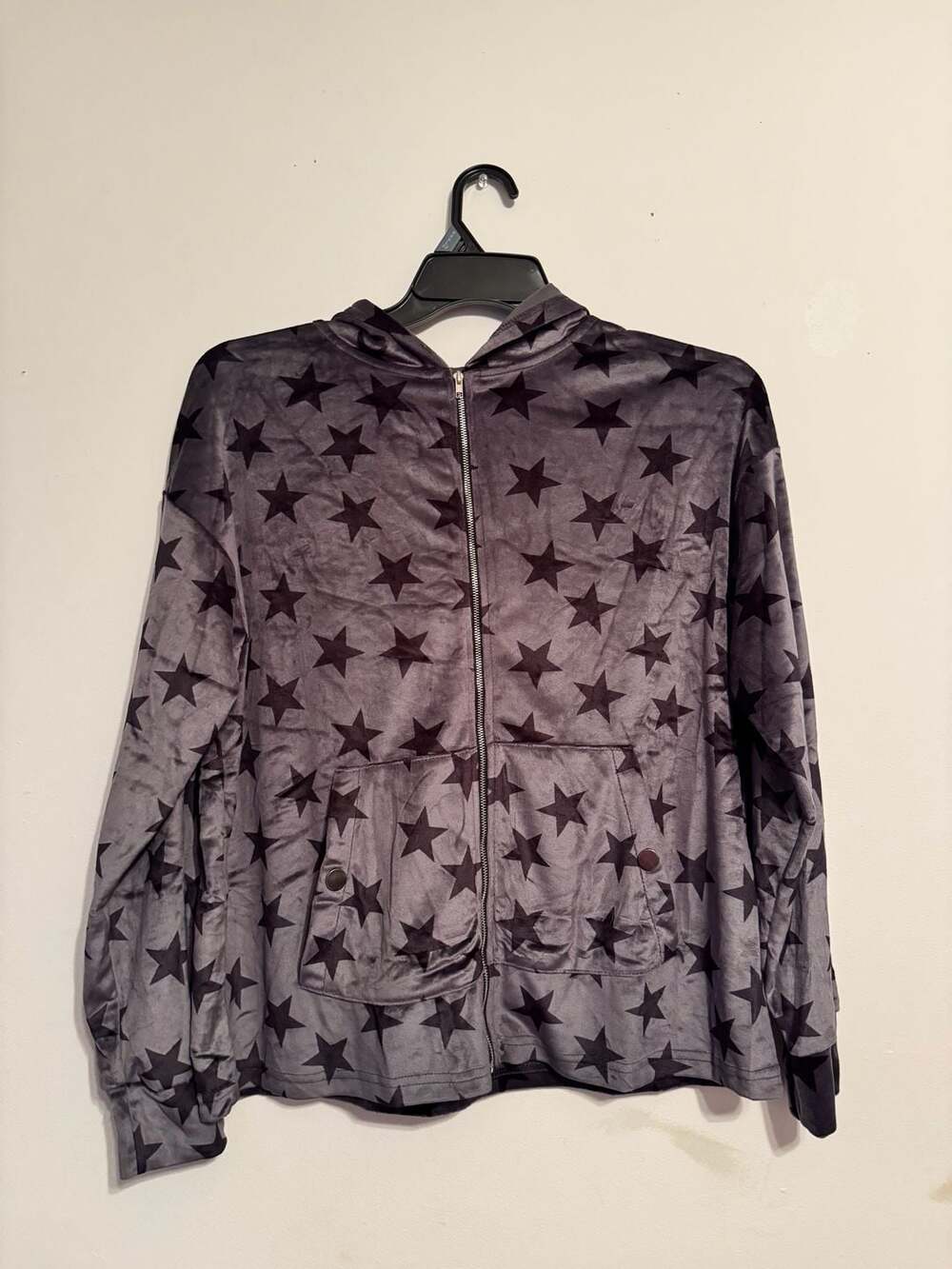 Velour Star Print Zip-Up Hoodie Gray Black Size S